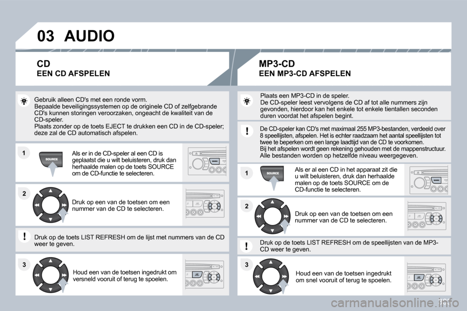 Peugeot 308 SW BL 2009.5  Handleiding (in Dutch) 303
�0�3
�1�1
�1�1
�2�2
�3�3�3�3
�2�2
� �A�U�D�I�O� 
 Gebruik alleen CDs met een ronde vorm.  Bepaalde beveiligingssystemen op de originele CD of zelfgebrande CDs kunnen storingen veroorzaken, ongea