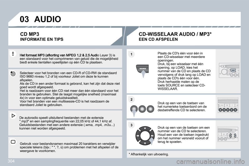 Peugeot 308 SW BL 2009.5  Handleiding (in Dutch) 304
�0�3
�1�1
�2�2
�3�3
Audio Layer 3) is een standaard voor het comprimeren van geluid die de ie de mogelijkheid biedt enkele tientallen speellijsten op één CD te plaatselaatsen.  
  Selecteer voor
