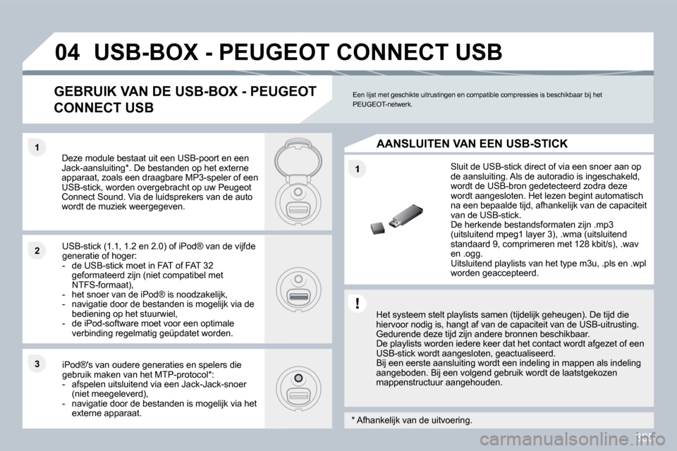 Peugeot 308 SW BL 2009.5  Handleiding (in Dutch) 305
�1
�1�1
�2�2
�3�3
�0�4� �U�S�B�-�B�O�X� �-� �P�E�U�G�E�O�T� �C�O�N�N�E�C�T� �U�S�B� 
  Het systeem stelt playlists samen (tijdelijk geheugen). De tijd die hiervoor nodig is, hangt af van de capaci