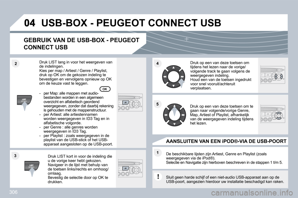 Peugeot 308 SW BL 2009.5  Handleiding (in Dutch) 306
�3�3
�4�4
�1�1
�5�5
�2�2
� �U�S�B�-�B�O�X� �-� �P�E�U�G�E�O�T� �C�O�N�N�E�C�T� �U�S�B� 
� � �G�E�B�R�U�I�K� �V�A�N� �D�E� �U�S�B�-�B�O�X� �-� �P�E�U�G�E�O�T� 
�C�O�N�N�E�C�T� �U�S�B� 
  Druk LIST 
