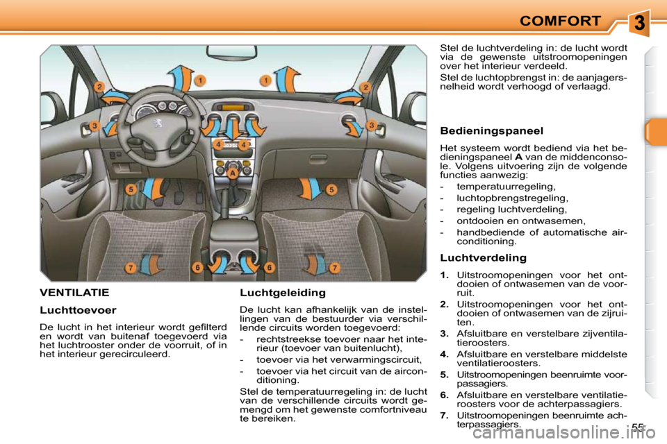 Peugeot 308 SW BL 2009.5  Handleiding (in Dutch) 55
COMFORT
       VENTILATIE   Luchtgeleiding  
 De  lucht  kan  afhankelijk  van  de  instel- 
lingen  van  de  bestuurder  via  verschil-
lende circuits worden toegevoerd:  
   -   rechtstreekse toe