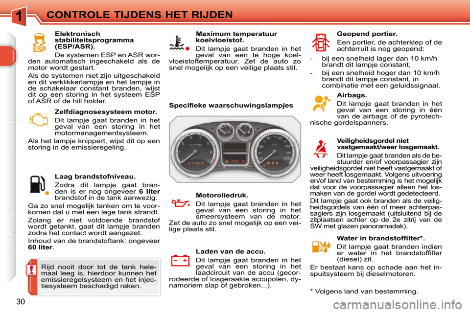 Peugeot 308 SW BL 2009.5 Handleiding (in Dutch) !
30
CONTROLE TIJDENS HET RIJDEN Zelfdiagnosesysteem motor.
Dit lampje gaat branden in het
geval van een storing in het
motormanagementsysteem.
Als het lampje knippert, wijst dit o Peugeot 308 SW BL 2009.5 Handleiding (in Dutch) !
30
CONTROLE TIJDENS HET RIJDEN Zelfdiagnosesysteem motor.
Dit lampje gaat branden in het
geval van een storing in het
motormanagementsysteem.
Als het lampje knippert, wijst dit o