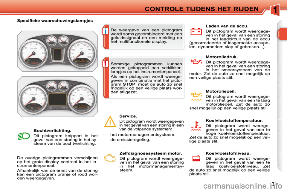 Peugeot 308 SW BL 2009.5  Handleiding (in Dutch) i
!
31
CONTROLE TIJDENS HET RIJDEN
 De  weergave  van  een  pictogram  
wordt soms gecombineerd met een 
geluidssignaal  en  een  melding  op 
het multifunctionele display. 
� � � �S�p�e�c�i�ﬁ� �e�k