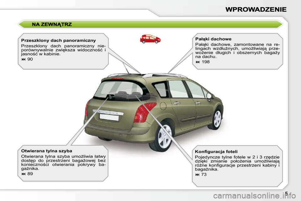 Peugeot 308 SW BL 2009.5  Instrukcja Obsługi (in Polish) � � �P�r�z�e�s�z�k�l�o�n�y� �d�a�c�h� �p�a�n�o�r�a�m�i�c�z�n�y�  
� �P�r�z�e�s�z�k�l�o�n�y�  �d�a�c�h�  �p�a�n�o�r�a�m�i�c�z�n�y�  �n�i�e�- 
�p�o�r�ó�w�n�y�w�a�l�n�i�e�  �z�w�i
�k�s�z�a�  �w�i�d�o�c