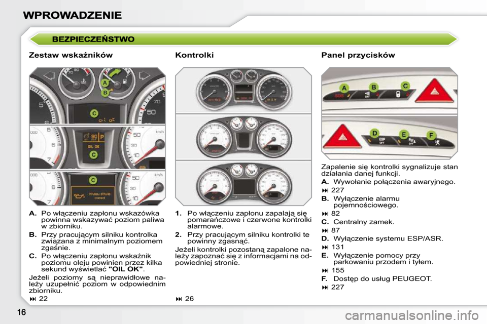 Peugeot 308 SW BL 2009.5  Instrukcja Obsługi (in Polish) � � �Z�e�s�t�a�w� �w�s�k�aE�n�i�k�ó�w� � � �P�a�n�e�l� �p�r�z�y�c�i�s�k�ó�w� 
   
A. � �  �P�o� �w�ł"�c�z�e�n�i�u� �z�a�p�ł�o�n�u� �w�s�k�a�z�ó�w�k�a� 
�p�o�w�i�n�n�a� �w�s�k�a�z�y�w�a�ć� �p�o