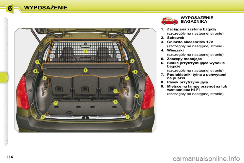 Peugeot 308 SW BL 2009.5  Instrukcja Obsługi (in Polish) �W�Y�P�O�S�AF�E�N�I�E
� � � � � � � � � � � � � �W�Y�P�O�S�AF�E�N�I�E� �B�A�G�AF�N�I�K�A� 
   
1.     �Z�a�c�i"�g�a�n�a� �z�a�s�ł�o�n�a� �b�a�g�aG�y    
�  �(�s�z�c�z�e�g�ó�ł�y� �n�a� �n�a�s�t