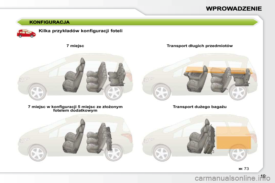 Peugeot 308 SW BL 2009.5  Instrukcja Obsługi (in Polish) � � �K�i�l�k�a� �p�r�z�y�k�ł�a�d�ó�w� �k�o�n�f�i�g�u�r�a�c�j�i� �f�o�t�e�l�i� � � �7� �m�i�e�j�s�c� � 
� � �7� �m�i�e�j�s�c� �w� �k�o�n�ﬁ� �g�u�r�a�c�j�i� �5� �m�i�e�j�s�c� �z�e� �z�ł�oG�o�n�y�m
