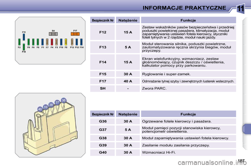 Peugeot 308 SW BL 2009.5  Instrukcja Obsługi (in Polish) 11INFORMACJE PRAKTYCZNE
   
�B�e�z�p�i�e�c�z�n�i�k� �N�r       
�N�a�t
G�e�n�i�e        �F�u�n�k�c�j�e  
   
G36         30 A    � �O�g�r�z�e�w�a�n�e� �f�o�t�e�l�e� �k�i�e�r�o�w�c�y� �i� �p�a�s�aG�