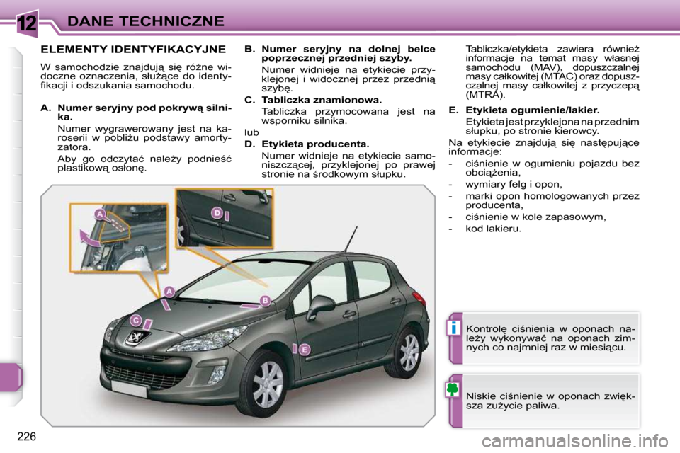 Peugeot 308 SW BL 2009.5  Instrukcja Obsługi (in Polish) 12
i
226
DANE TECHNICZNE
                   ELEMENTY IDENTYFIKACYJNE 
� �W�  �s�a�m�o�c�h�o�d�z�i�e�  �z�n�a�j�d�u�j"�  �s�i
�  �r�óG�n�e�  �w�i�- 
�d�o�c�z�n�e�  �o�z�n�a�c�z�e�n�i�a�,�  �s�ł�u