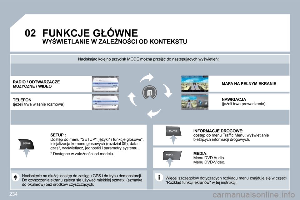 Peugeot 308 SW BL 2009.5  Instrukcja Obsługi (in Polish) 234
�0�2
SETUP
MEDIA
TRAFFIC
� �F�U�N�K�C�J�E� �G�Ł�Ó�W�N�E� 
� � �W�i
�c�e�j� �s�z�c�z�e�g�ó�ł�ó�w� �d�o�t�y�c�z"�c�y�c�h� �r�o�z�k�ł�a�d�u� �m�e�n�u� �z�n�a�j�d�u�j�e� �s�i
� �w� �c�z
;�c