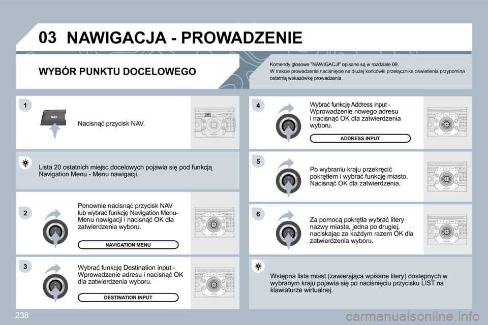 Peugeot 308 SW BL 2009.5  Instrukcja Obsługi (in Polish) 238
NAV
�0�3
1
�2
�3
�6
5
�4
� �N�A�W�I�G�A�C�J�A� �-� �P�R�O�W�A�D�Z�E�N�I�E� 
� � � � � � � � � � � � �W�Y�B�Ó�R� �P�U�N�K�T�U� �D�O�C�E�L�O�W�E�G�O� 
� � �P�o�n�o�w�n�i�e� �n�a�c�i�s�n"�ć� �p�r�