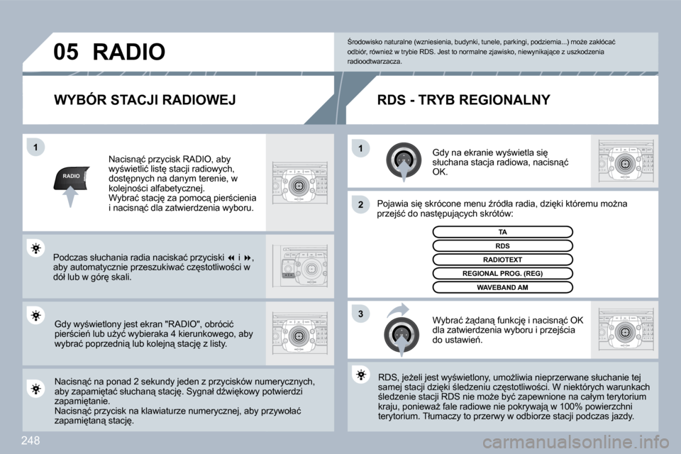 Peugeot 308 SW BL 2009.5  Instrukcja Obsługi (in Polish) 248
RADIO
11
�2
�3
05
� � �W�Y�B�Ó�R� �S�T�A�C�J�I� �R�A�D�I�O�W�E�J� 
� � �G�d�y� �n�a� �e�k�r�a�n�i�e� �w�y;�w�i�e�t�l�a� �s�i
� �s�ł�u�c�h�a�n�a� �s�t�a�c�j�a� �r�a�d�i�o�w�a�,� �n�a�c�i�s�n"�