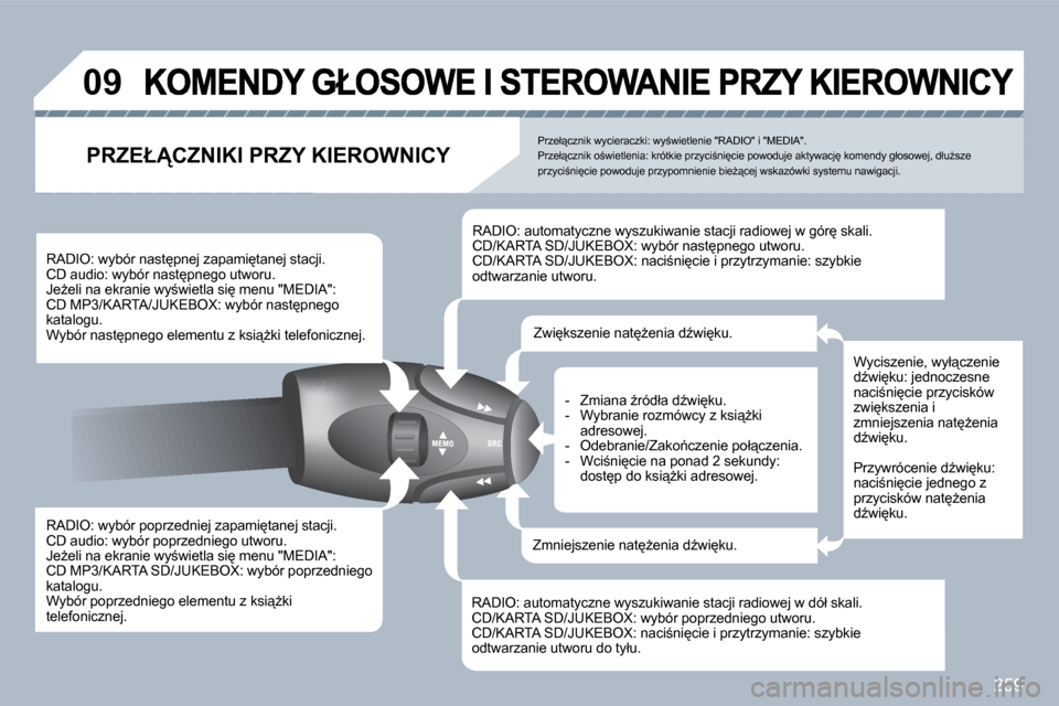 Peugeot 308 SW BL 2009.5  Instrukcja Obsługi (in Polish) 259
�0�9
� � �R�A�D�I�O�:� �w�y�b�ó�r� �p�o�p�r�z�e�d�n�i�e�j� �z�a�p�a�m�i
�t�a�n�e�j� �s�t�a�c�j�i�.� � �C�D� �a�u�d�i�o�:� �w�y�b�ó�r� �p�o�p�r�z�e�d�n�i�e�g�o� �u�t�w�o�r�u�.� � �J�eG�e�l�i� �