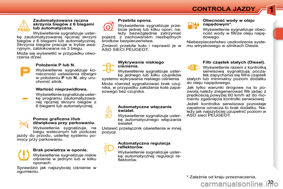 Peugeot 308 SW BL 2009.5  Instrukcja Obsługi (in Polish) CONTROLA JAZDY� � � �O�b�e�c�n�o;�ć� �w�o�d�y� �w� �o�l�e�j�u�  
�n�a�p
�d�o�w�y�m� �*� �.�  
� �W�y;�w�i�e�t�l�e�n�i�e� �s�y�g�n�a�l�i�z�u�j�e� �o�b�e�c�- 
�n�o;�ć�  �w�o�d�y�  �w�  �ﬁ� �l�t�