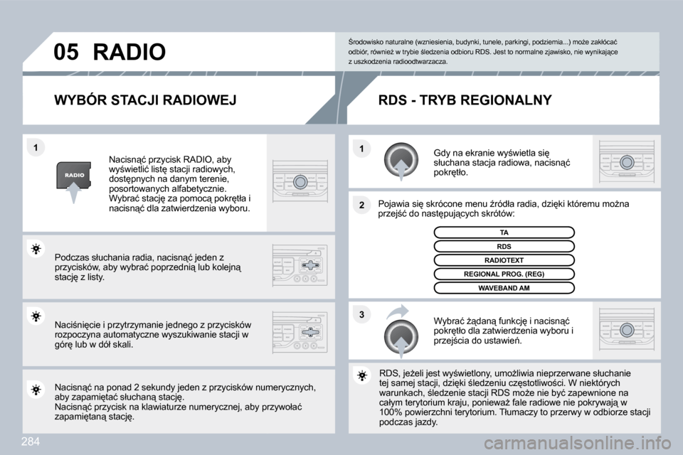 Peugeot 308 SW BL 2009.5  Instrukcja Obsługi (in Polish) 284
�3
�2
�1
�1
�0�5
� � � � � � �W�Y�B�Ó�R� �S�T�A�C�J�I� �R�A�D�I�O�W�E�J� 
� � �G�d�y� �n�a� �e�k�r�a�n�i�e� �w�y;�w�i�e�t�l�a� �s�i
� �s�ł�u�c�h�a�n�a� �s�t�a�c�j�a� �r�a�d�i�o�w�a�,� �n�a�c�i