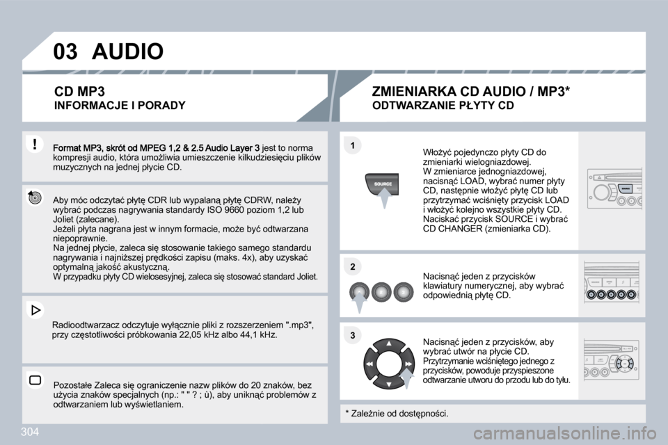 Peugeot 308 SW BL 2009.5  Instrukcja Obsługi (in Polish) 304
�0�3
�1�1
�2�2
�3�3
� �F�o�r�m�a�t� �M�P�3�,� �s�k�r�ó�t� �o�d� �M�P�E�G� �1�,�2� �&� �2�.�5� �A�u�d�i�o� �L�a�y�e�r� �3� �j�e�s�t� �t�o� �n�o�r�m�a� �k�o�m�p�r�e�s�j�i� �a�u�d�i�o�,� �k�t�ó�r�a
