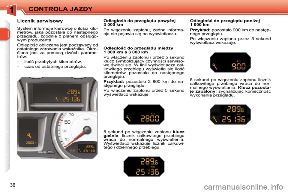 Peugeot 308 SW BL 2009.5  Instrukcja Obsługi (in Polish) �3�6
CONTROLA JAZDY
� � � � � � �L�i�c�z�n�i�k� �s�e�r�w�i�s�o�w�y�  
� �S�y�s�t�e�m� �i�n�f�o�r�m�u�j�e� �k�i�e�r�o�w�c
� �o� �i�l�o;�c�i� �k�i�l�o�- 
�m�e�t�r�ó�w�,�  �j�a�k�a�  �p�o�z�o�s�t�a�ł