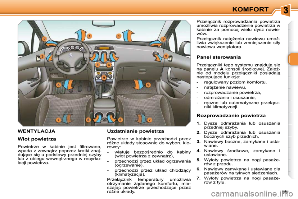 Peugeot 308 SW BL 2009.5  Instrukcja Obsługi (in Polish) 55
KOMFORT
       WENTYLACJA   Uzdatnianie powietrza  
 Powietrze  w  kabinie  przechodzi  przez  
�r�óG�n�e� �u�k�ł�a�d�y�  �s�t�o�s�o�w�n�i�e�  �d�o� �w�y�b�o�r�u�  �k�i�e�-
�r�o�w�c�y�:�  
� � �