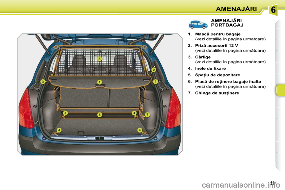 Peugeot 308 SW BL 2009.5  Manualul de utilizare (in Romanian) 111
�A�M�E�N�A�J�R�I
�A�M�E�N�A�J�R�I� �P�O�R�T�B�A�G�A�J� 
   
1.     �M�a�s�c � �p�e�n�t�r�u� �b�a�g�a�j�e    
�  �(�v�e�z�i� �d�e�t�a�l�i�i�l�e� �î�n� �p�a�g�i�n�a� �u�r�m �t�o�a�r�e�)�  
  