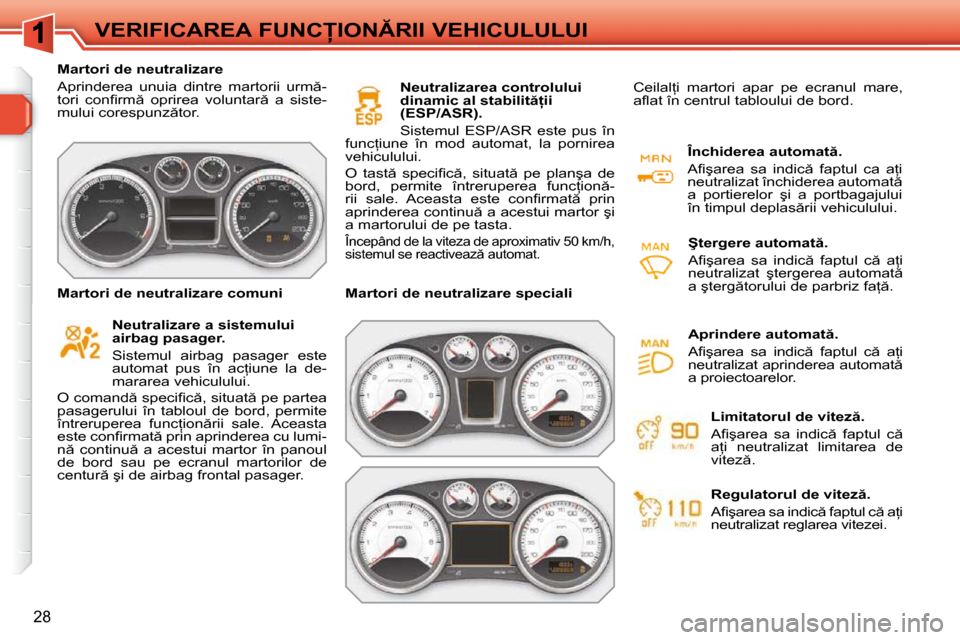 Peugeot 308 SW BL 2009.5  Manualul de utilizare (in Romanian) 28
�V�E�R�I�F�I�C�A�R�E�A� �F�U�N�C�I�O�N�R�I�I� �V�E�H�I�C�U�L�U�L�U�I
� � � �M�a�r�t�o�r�i� �d�e� �n�e�u�t�r�a�l�i�z�a�r�e�  
� �A�p�r�i�n�d�e�r�e�a�  �u�n�u�i�a�  �d�i�n�t�r�e�  �m�a�r�t�o�r�i�