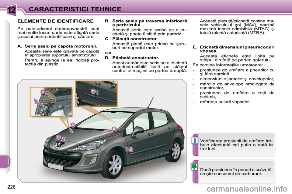 Peugeot 308 SW BL 2009.5  Manualul de utilizare (in Romanian) 12
i
226
CARACTERISTICI TEHNICE
ELEMENTE DE IDENTIFICARE 
� �P�e�  �a�u�t�o�t�u�r�i�s�m�u�l�  �d�u�m�n�e�a�v�o�a�s�t�r �  �s�u�n�t�  
�m�a�i� �m�u�l�t�e� �l�o�c�u�r�i� �u�n�d�e� �e�s�t�e� �a�ﬁ� �ş