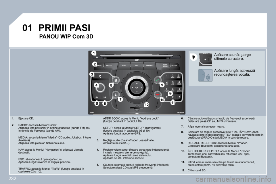 Peugeot 308 SW BL 2009.5  Manualul de utilizare (in Romanian) �2�3�2
�0�1
2
ABC 3
DEF
5
JKL
4
GHI 6
MNO
8
TUV
7
PQRS 9
WXYZ
0
* #
1
RADIO MEDIA
NAV ESC TRAFFIC
SETUP
ADDR BOOK
�1
�1�0
�2
�3
�4
�6�1�2
�9
�7
�8
�1�1�5
TU
PQRS
0
*
� � � �1�.� �  �E�j�e�c�t�a�r�e� �