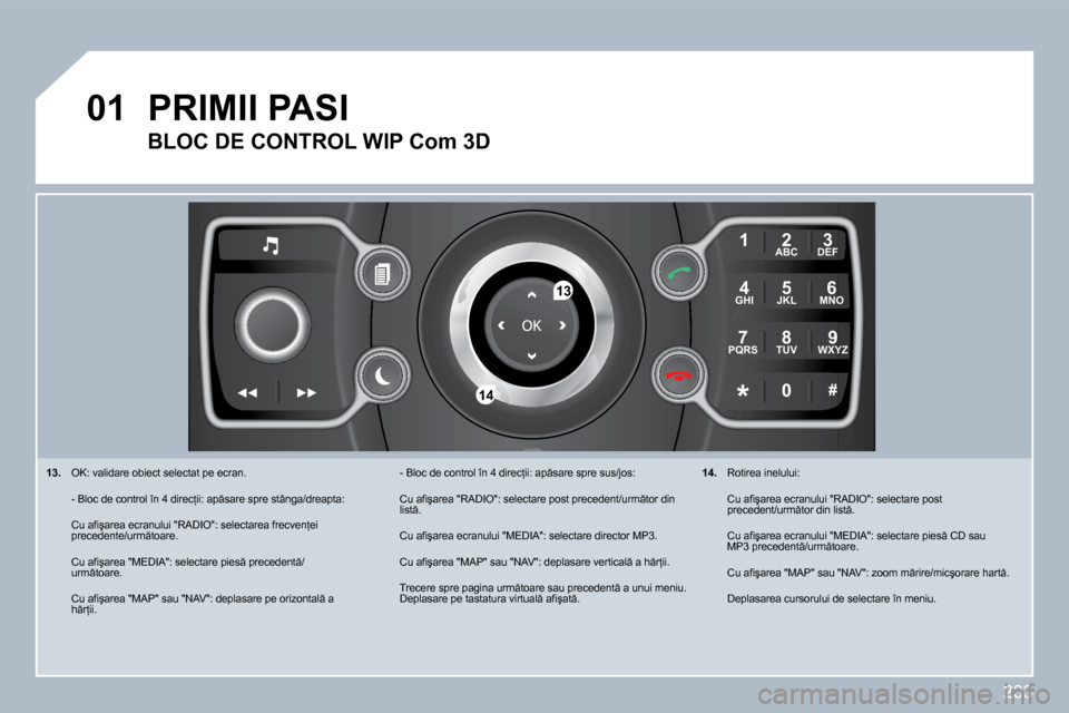 Peugeot 308 SW BL 2009.5  Manualul de utilizare (in Romanian) �2�3�3
�0�1
2
ABC 3
DEF
5
JKL
4
GHI 6
MNO
8
TUV
7
PQRS 9
WXYZ
0
* #
1
�1�3
�1�4
� � �1�3�.� �  �O�K�:� �v�a�l�i�d�a�r�e� �o�b�i�e�c�t� �s�e�l�e�c�t�a�t� �p�e� �e�c�r�a�n�.� � 
�  �-� �B�l�o�c� �d�e� �
