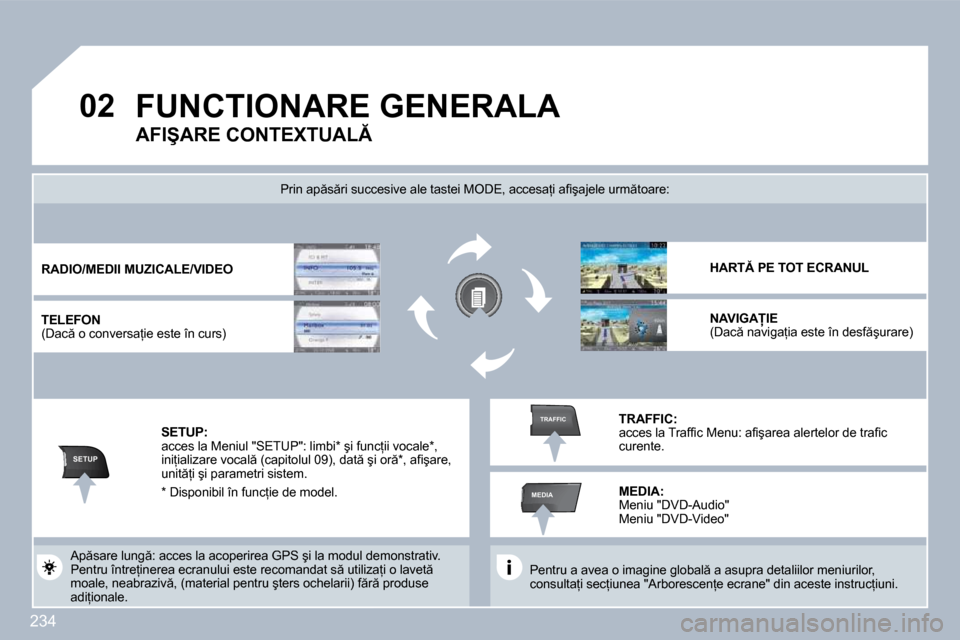 Peugeot 308 SW BL 2009.5  Manualul de utilizare (in Romanian) �2�3�4
�0�2
SETUP
MEDIA
TRAFFIC
� �F�U�N�C�T�I�O�N�A�R�E� �G�E�N�E�R�A�L�A� 
� � �P�e�n�t�r�u� �a� �a�v�e�a� �o� �i�m�a�g�i�n�e� �g�l�o�b�a�l � �a� �a�s�u�p�r�a� �d�e�t�a�l�i�i�l�o�r� �m�e�n�i�u�r�i�
