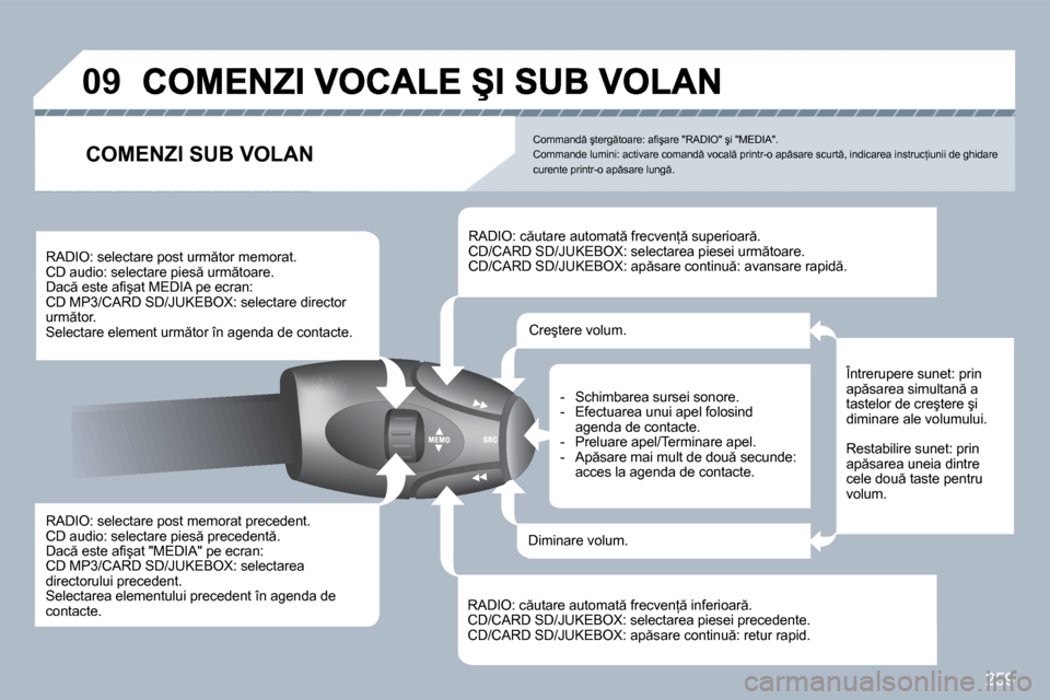 Peugeot 308 SW BL 2009.5  Manualul de utilizare (in Romanian) �2�5�9
�0�9
� � �R�A�D�I�O�:� �s�e�l�e�c�t�a�r�e� �p�o�s�t� �m�e�m�o�r�a�t� �p�r�e�c�e�d�e�n�t�.� � �C�D� �a�u�d�i�o�:� �s�e�l�e�c�t�a�r�e� �p�i�e�s � �p�r�e�c�e�d�e�n�t �.� � �D�a�c � �e�s�t�e� �a