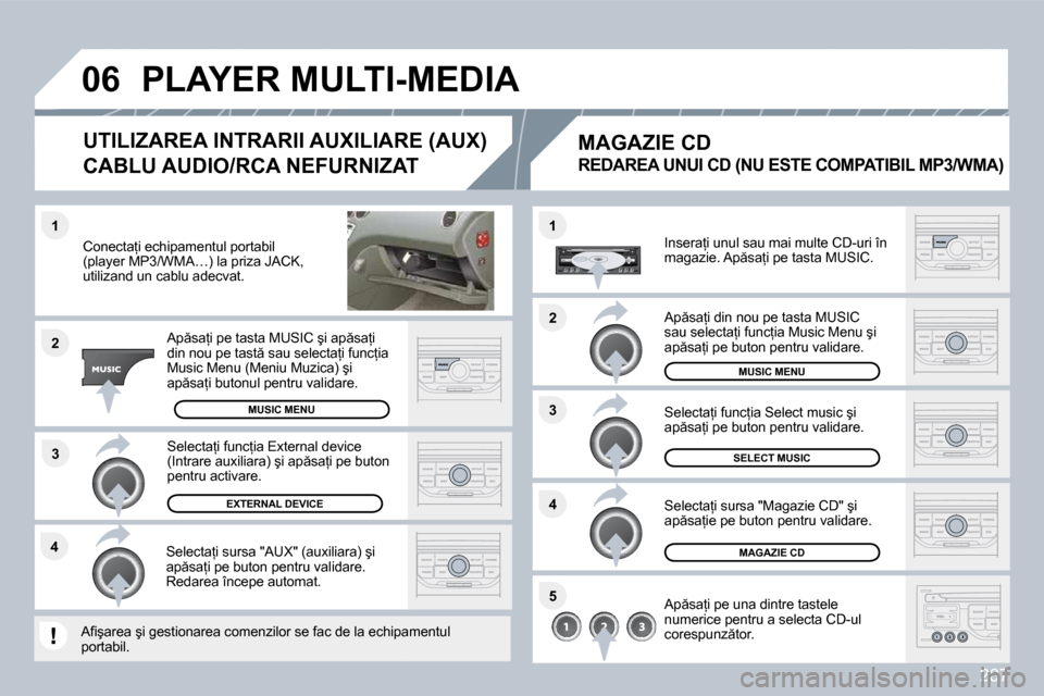 Peugeot 308 SW BL 2009.5  Manualul de utilizare (in Romanian) 287
�3
�1
�2
�0�6
�1
�4
�2
�3
�5
�4
� � �C�o�n�e�c�t�a=�i� �e�c�h�i�p�a�m�e�n�t�u�l� �p�o�r�t�a�b�i�l� �(�p�l�a�y�e�r� �M�P�3�/�W�M�A�…�)� �l�a� �p�r�i�z�a� �J�A�C�K�,� �u�t�i�l�i�z�a�n�d� �u�n� �c