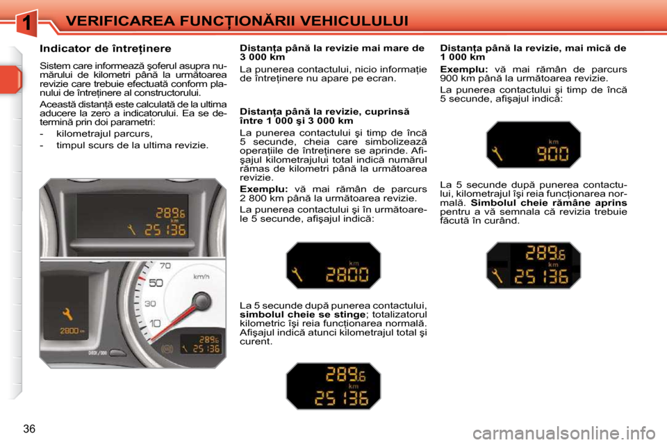 Peugeot 308 SW BL 2009.5  Manualul de utilizare (in Romanian) �3�6
�V�E�R�I�F�I�C�A�R�E�A� �F�U�N�C�I�O�N�R�I�I� �V�E�H�I�C�U�L�U�L�U�I
       
�I�n�d�i�c�a�t�o�r� �d�e� �î�n�t�r�e=�i�n�e�r�e�  
� �S�i�s�t�e�m� �c�a�r�e� �i�n�f�o�r�m�e�a�z � �ş�o�f�e�r�u