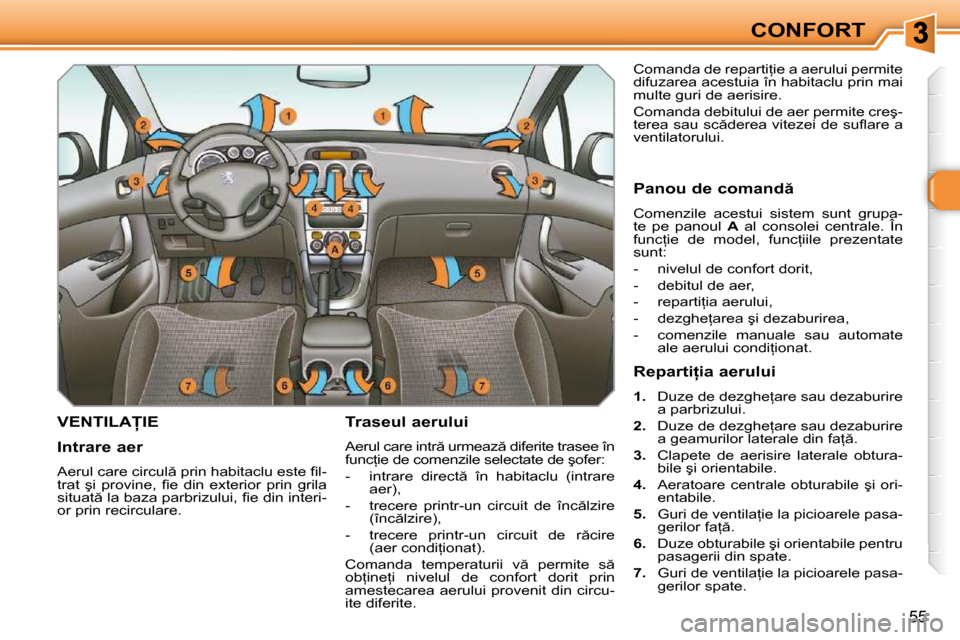 Peugeot 308 SW BL 2009.5  Manualul de utilizare (in Romanian) 55
CONFORT
�V�E�N�T�I�L�A�I�E� � � �T�r�a�s�e�u�l� �a�e�r�u�l�u�i�  
� �A�e�r�u�l� �c�a�r�e� �i�n�t�r � �u�r�m�e�a�z � �d�i�f�e�r�i�t�e� �t�r�a�s�e�e� �î�n�  
�f�u�n�c=�i�e� �d�e� �c�o�m�e�n�z�i