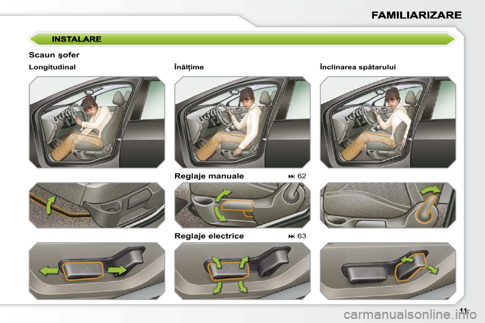 Peugeot 308 SW BL 2009.5  Manualul de utilizare (in Romanian) � � �S�c�a�u�n� �ş�o�f�e�r� � � �R�e�g�l�a�j�e� �m�a�n�u�a�l�e�  
� � �R�e�g�l�a�j�e� �e�l�e�c�t�r�i�c�e� 
� � �L�o�n�g�i�t�u�d�i�n�a�l� � 
   
� � � �6�2� � � 
   
�   63   � � �Î�n�c�l�i�n�a