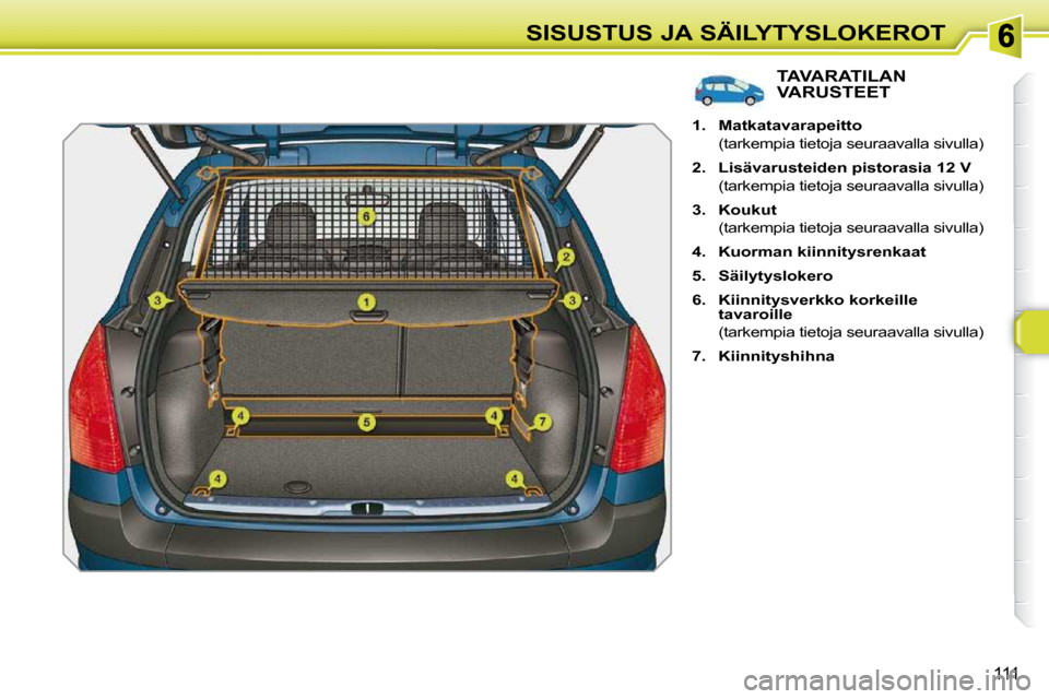 Peugeot 308 SW BL 2009.5  Omistajan käsikirja (in Finnish) 111
SISUSTUS JA SÄILYTYSLOKEROT
TAVARATILAN VARUSTEET 
   
1.     Matkatavarapeitto    
  (tarkempia tietoja seuraavalla sivulla)  
  
2.     Lisävarusteiden pistorasia 12 V    
  (tarkempia tietoja