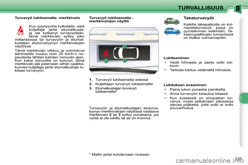 Peugeot 308 SW BL 2009.5  Omistajan käsikirja (in Finnish) 133
TURVALLISUUS
  Turvavyö lukitsematta -merkkivalo   Kun sytytysvirta kytketään, eikä  
kuljettaja  ja/tai  etumatkusta-
ja  ole  kytkenyt  turvavyötään, 
tämä  merkkivalo  syttyy  joko 
mi