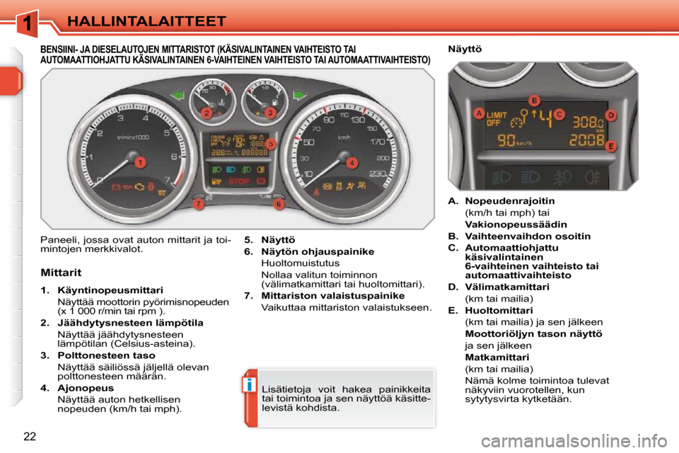 Peugeot 308 SW BL 2009.5  Omistajan käsikirja (in Finnish) i
22
HALLINTALAITTEET
BENSIINI- JA DIESELAUTOJEN MITTARISTOT (KÄSIVALINTAINEN VAIHTEISTO TAI AUTOMAATTIOHJATTU KÄSIVALINTAINEN 6-VAIHTEINEN VAIH TEISTO TAI AUTOMAATTIVAIHTEISTO) BENSIINI- JA DIESELA