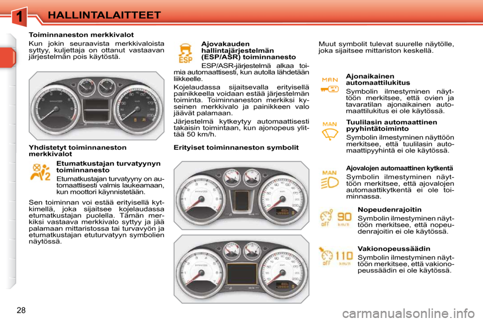 Peugeot 308 SW BL 2009.5  Omistajan käsikirja (in Finnish) 28
HALLINTALAITTEET
   Toiminnaneston merkkivalot  
 Kun  jokin  seuraavista  merkkivaloista  
syttyy,  kuljettaja  on  ottanut  vastaavan 
järjestelmän pois käytöstä.    
  Etumatkustajan turvat