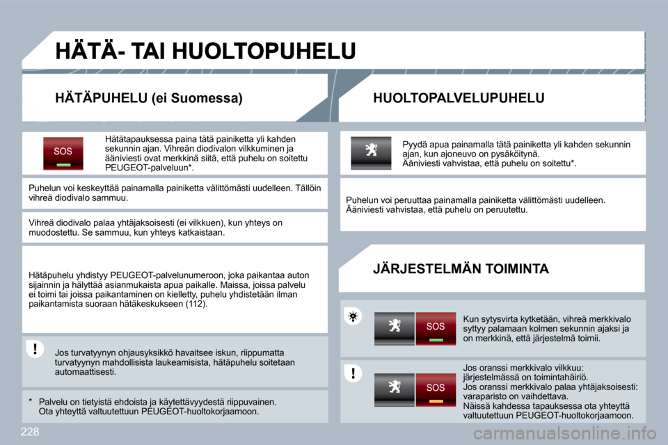 Peugeot 308 SW BL 2009.5  Omistajan käsikirja (in Finnish) 228
  HÄTÄPUHELU (ei Suomessa)   HUOLTOPALVELUPUHELU 
  JÄRJESTELMÄN TOIMINTA 
  Hätätapauksessa paina tätä painiketta yli kahden sekunnin ajan. Vihreän diodivalon vilkkuminen ja ääniviesti