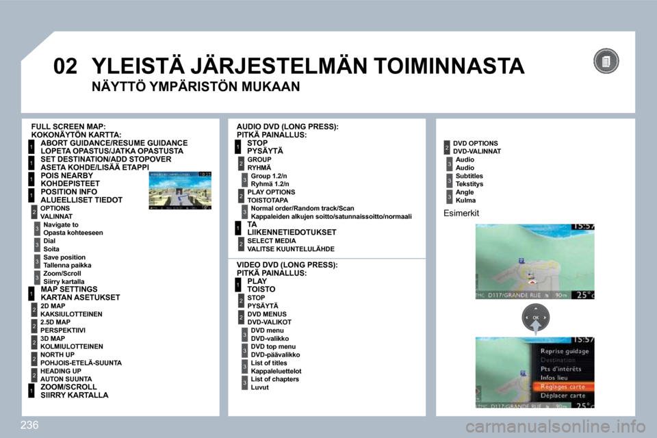 Peugeot 308 SW BL 2009.5  Omistajan käsikirja (in Finnish) 236
 
�0�2
1
1
1
1
1
2
1
2
2
2
2
2
1
3
3
3
31
2
2
3
3
3
3
2
3
2
3
1
2
2
3
3
3
 YLEISTÄ JÄRJESTELMÄN TOIMINNASTA 
  NÄYTTÖ YMPÄRISTÖN MUKAAN 
  KOKONÄYTÖN KARTTA: 
 LOPETA OPASTUS/JATKA OPASTU