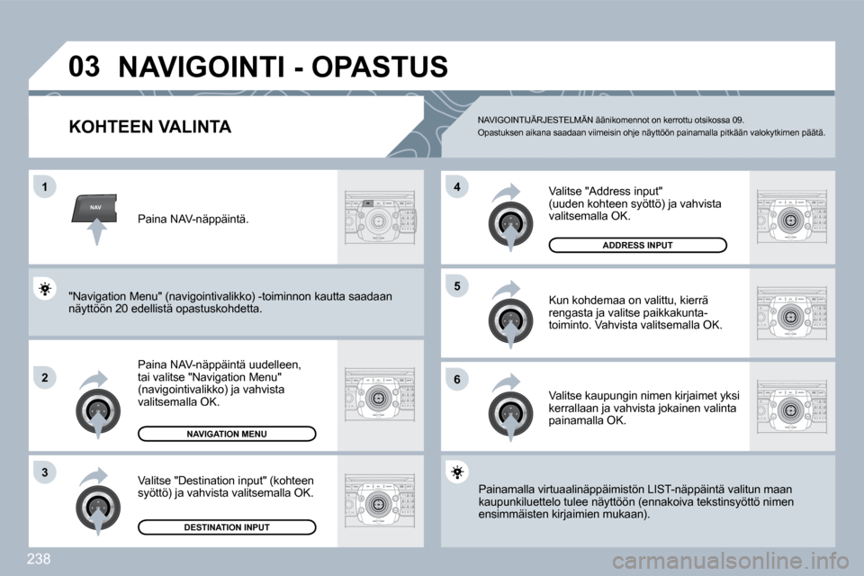 Peugeot 308 SW BL 2009.5  Omistajan käsikirja (in Finnish) 238
NAV
�0�3
�1
2
3
6
�5
4
 NAVIGOINTI - OPASTUS 
KOHTEEN VALINTA 
  Paina NAV-näppäintä uudelleen, tai valitse "Navigation Menu" (navigointivalikko) ja vahvista valitsemalla OK. 
  Valitse "Destin