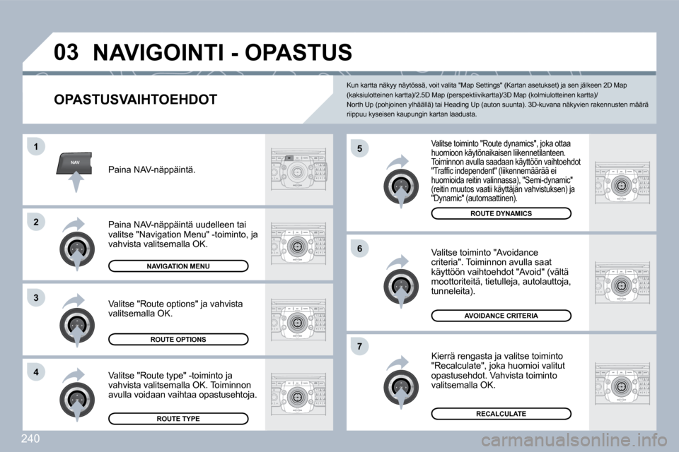 Peugeot 308 SW BL 2009.5  Omistajan käsikirja (in Finnish) 240
NAV
�0�3
�5
6
�7
�1
2
3
4
 NAVIGOINTI - OPASTUS 
  OPASTUSVAIHTOEHDOT 
  Valitse toiminto "Route dynamics", joka ottaa huomioon käytönaikaisen liikennetilanteen.  Toiminnon avulla saadaan käytt