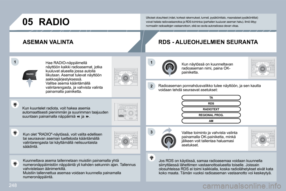 Peugeot 308 SW BL 2009.5  Omistajan käsikirja (in Finnish) 248
RADIO
�1�1
2
3
�0�5
  ASEMAN VALINTA 
  Kun näytössä on kuunneltavan radioaseman nimi, paina OK-painiketta.  
  Radioaseman ponnahdusvalikko tulee näyttöön, ja sen k sen kautta voidaan tehd