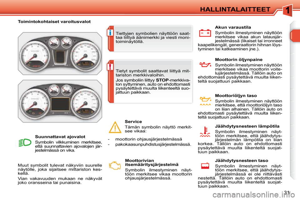 Peugeot 308 SW BL 2009.5  Omistajan käsikirja (in Finnish) i
!
31
HALLINTALAITTEET
 Tiettyjen  symbolien  näyttöön  saat- 
taa liittyä äänimerkki ja viesti moni-
toiminäytöllä. 
   Toimintokohtaiset varoitusvalot    
 Muut  symbolit  tulevat  näkyvi