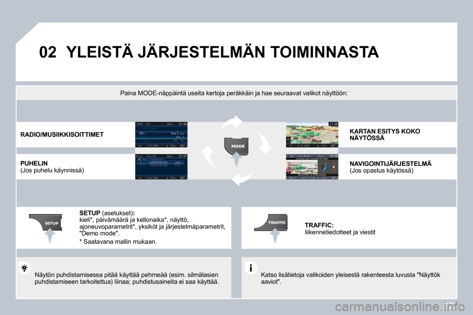 Peugeot 308 SW BL 2009.5  Omistajan käsikirja (in Finnish) 273
�0�2� �Y�L�E�I�S�T�Ä� �J�Ä�R�J�E�S�T�E�L�M�Ä�N� �T�O�I�M�I�N�N�A�S�T�A� 
  Katso lisätietoja valikoiden yleisestä rakenteesta luvusta "Näyttök aaviot".   
Paina MODE-näppäintä useita ker