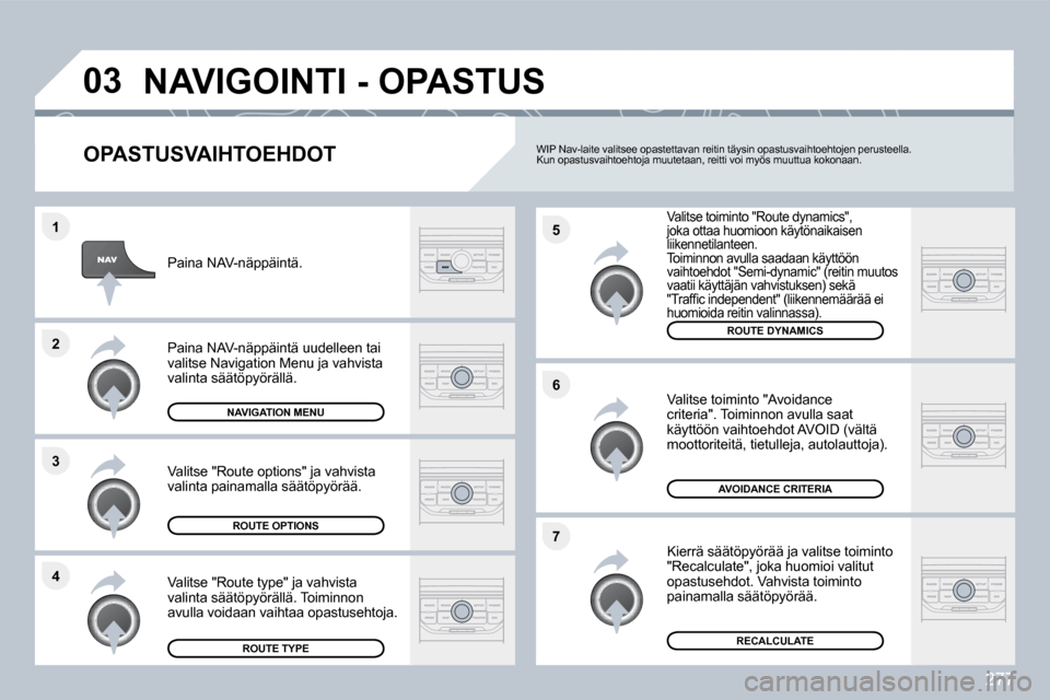 Peugeot 308 SW BL 2009.5  Omistajan käsikirja (in Finnish) 277
�4
�3
�2
�1
�7
�6
�5
�0�3� �N�A�V�I�G�O�I�N�T�I� �-� �O�P�A�S�T�U�S� 
� � �O�P�A�S�T�U�S�V�A�I�H�T�O�E�H�D�O�T� 
  Valitse toiminto "Route dynamics", joka ottaa huomioon käytönaikaisen liikennet