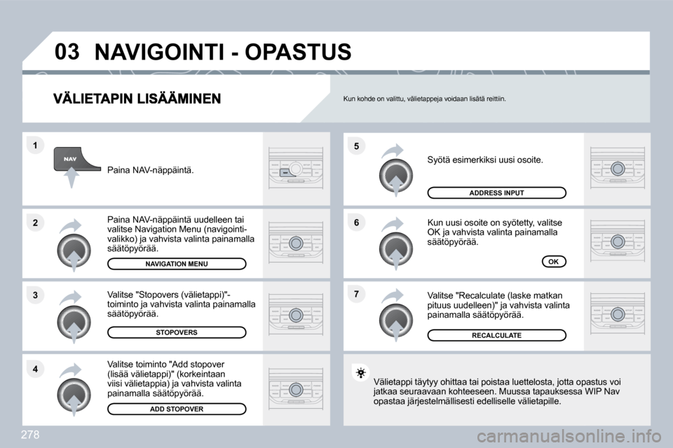 Peugeot 308 SW BL 2009.5  Omistajan käsikirja (in Finnish) 278
�7
�6
�5
�4
�3
�2
�1
�0�3
 Syötä esimerkiksi uusi osoite. 
 Kun uusi osoite on syötetty, valitse OK ja vahvista valinta painamalla säätöpyörää. 
 Valitse "Recalculate (laske matkan pituus