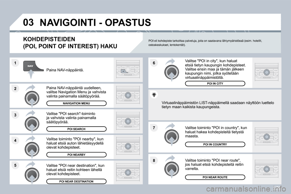 Peugeot 308 SW BL 2009.5  Omistajan käsikirja (in Finnish) 279
�8
�6 
�7
�4
�3
�5
�2
�1
�0�3� �N�A�V�I�G�O�I�N�T�I� �-� �O�P�A�S�T�U�S� 
� � �K�O�H�D�E�P�I�S�T�E�I�D�E�N� 
�(�P�O�I�,� �P�O�I�N�T� �O�F� �I�N�T�E�R�E�S�T�)� �H�A�K�U� 
  Paina NAV-näppäintä. 