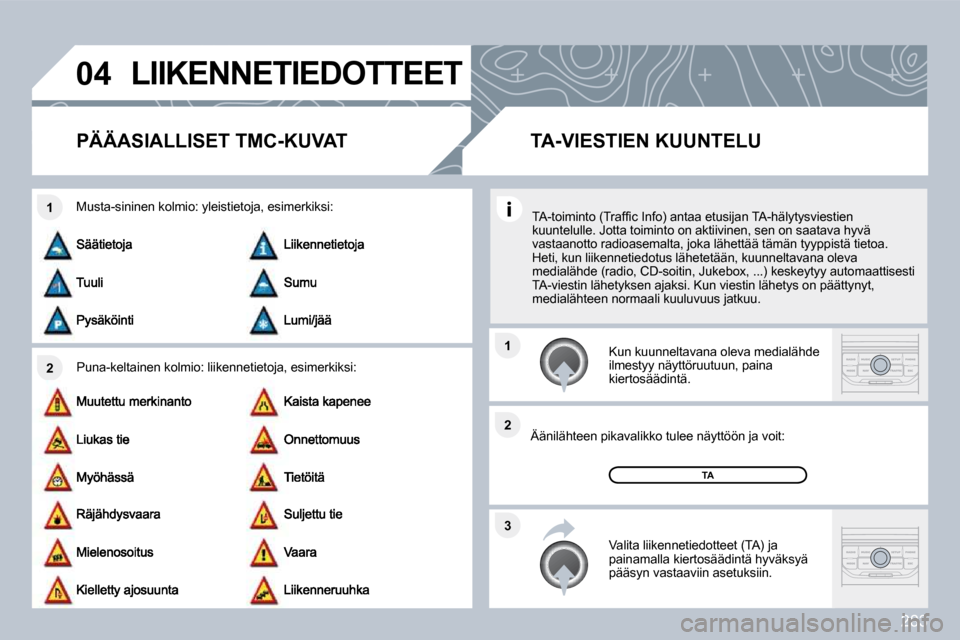 Peugeot 308 SW BL 2009.5  Omistajan käsikirja (in Finnish) 283
�0�4
�2
�1
�3
�2
�1
� �L�I�I�K�E�N�N�E�T�I�E�D�O�T�T�E�E�T� 
�P�Ä�Ä�A�S�I�A�L�L�I�S�E�T� �T�M�C�-�K�U�V�A�T� 
  Puna-keltainen kolmio: liikennetietoja, esimerkik
si: 
  Musta-sininen kolmio: yle
