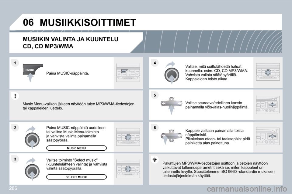 Peugeot 308 SW BL 2009.5  Omistajan käsikirja (in Finnish) 286
�0�6
�6
�4 
�5
�3
�2
�1
�M�U�S�I�I�K�I�N� �V�A�L�I�N�T�A� �J�A� �K�U�U�N�T�E�L�U� � 
�C�D�,� �C�D� �M�P�3�/�W�M�A� 
 Pakattujen MP3/WMA-tiedostojen soittoon ja tietoje
n näjen näyttöön vaikutt
