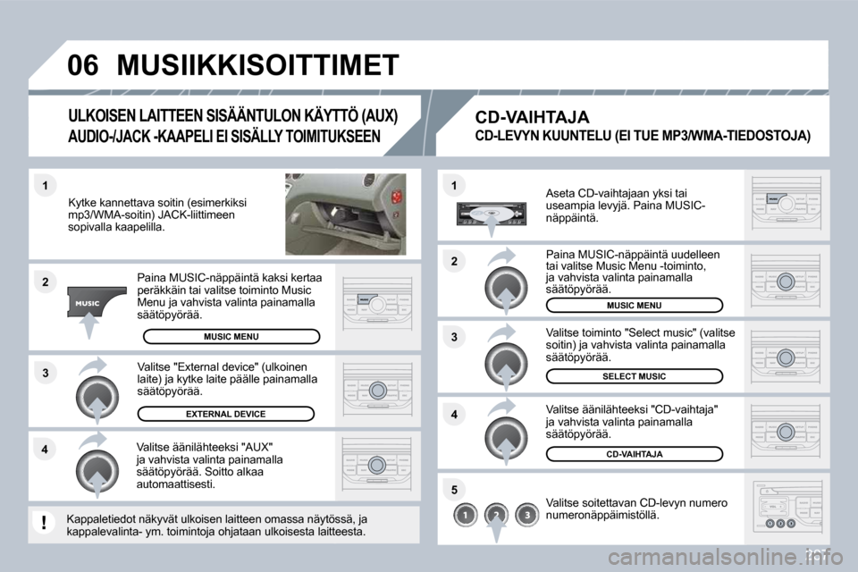 Peugeot 308 SW BL 2009.5  Omistajan käsikirja (in Finnish) 287
�3
�1
�2
�0�6
�1
�4
�2
�3
�5
�4
  Kytke kannettava soitin (esimerkiksi mp3/WMA-soitin) JACK-liittimeen sopivalla kaapelilla.  
  Paina MUSIC-näppäintä kaksi kertaa peräkkäin tai valitse toimi